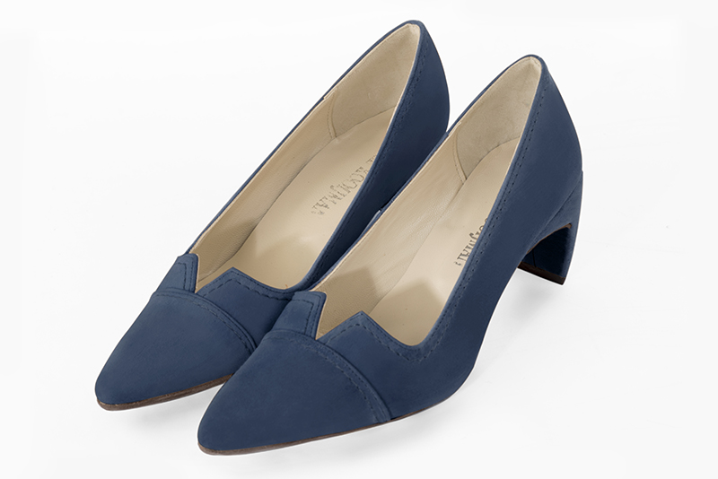 Denim blue women's dress pumps,with a square neckline. Tapered toe. Medium comma heels. Front view - Florence KOOIJMAN